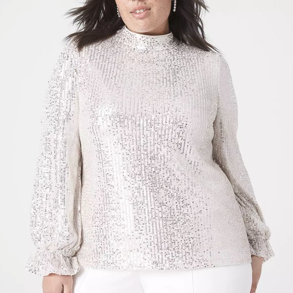 LANE BRYANT BEIGE SILVER LONG SLEEVE CLASSIC SEQUIN LINED TOP - Picture 1 of 3
